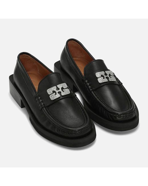 Ganni Rhinestone Logo Leather Loafers in Black | Lyst