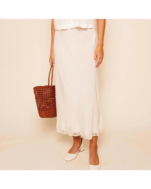 Rixo White Crystal Linen-Blend Midi Skirt