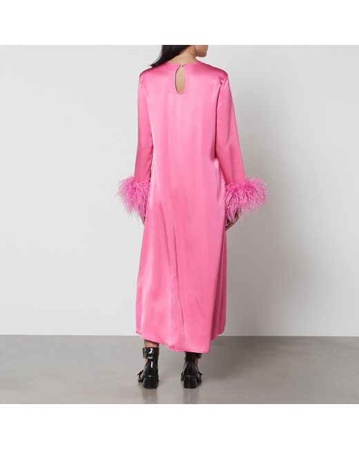 Sleeper Pink Suzi Feather-Trimmed Satin Maxi Dress
