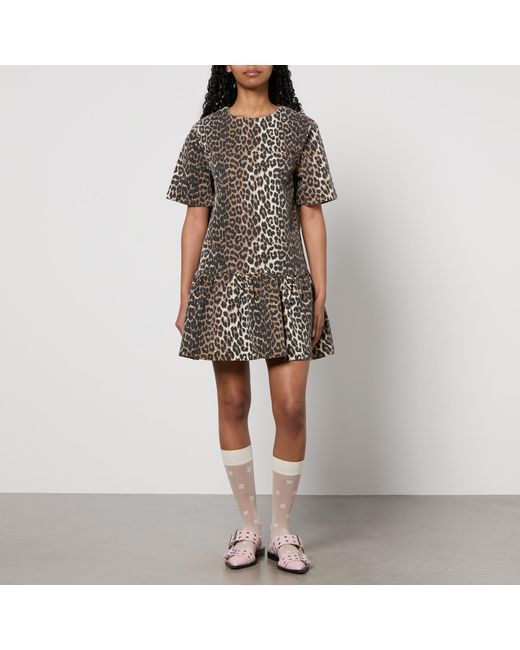 Ganni Brown Leopard-Print Denim Mini Dress