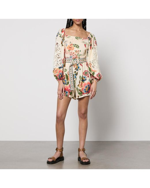Farm Rio Multicolor Floral-Print Linen-Blend Romper