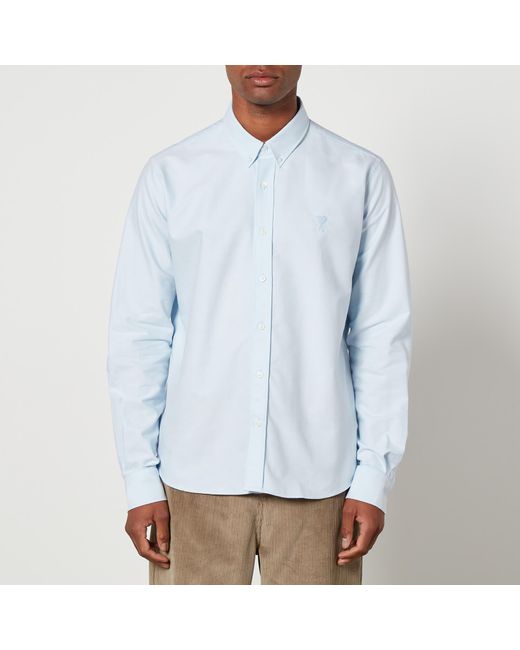 AMI Blue Logo-Embroidered Cotton-Poplin Shirt for men