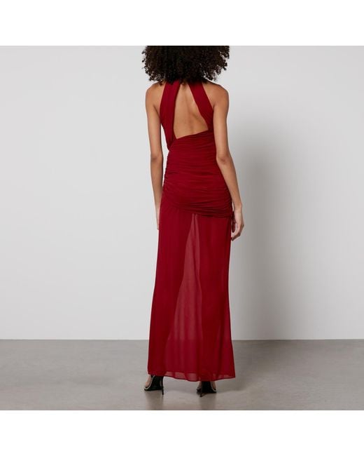 De La Vali Red High-Neck Woven Maxi Dress