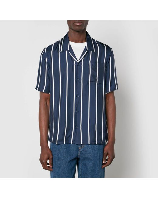 AMI Blue Camp Collar Striped Silk Shirt for men