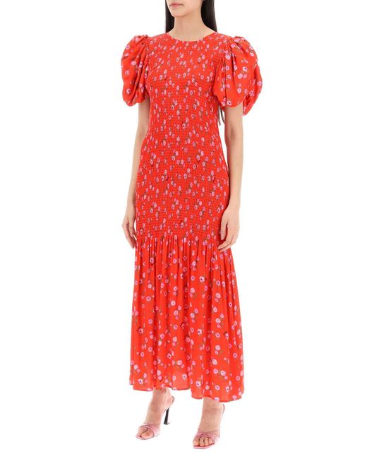 ROTATE BIRGER CHRISTENSEN Red Rotate Floral Printed Maxi Dress With Puffed Sleeves In Satin Fabric
