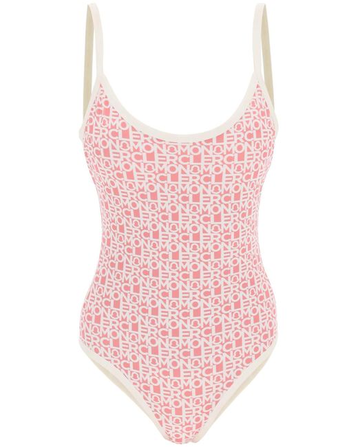 Moncler Pink Basic Logo Print One-piece Swimsuit