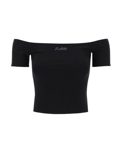 ROTATE BIRGER CHRISTENSEN Black Off-Shoulder T-Shirt With Embroidered Lure