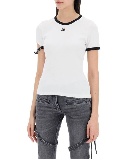 Courreges White Leather Strap T Shirt With Sleeve Detail