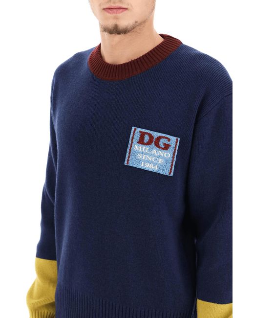 Dolce & Gabbana Blue Wool Sweater With Logo Patch for men