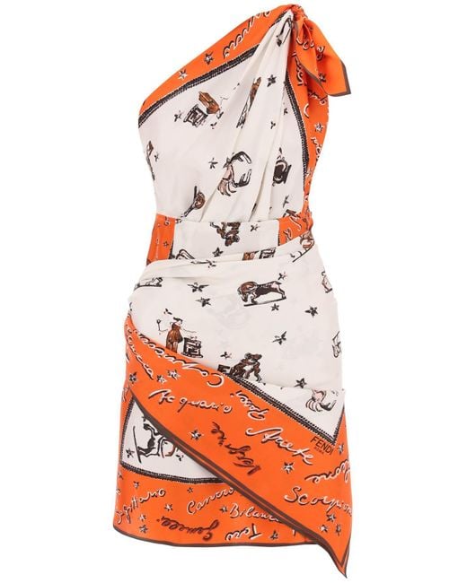 Fendi Orange Mini Dress In Silk With Astrology Motif