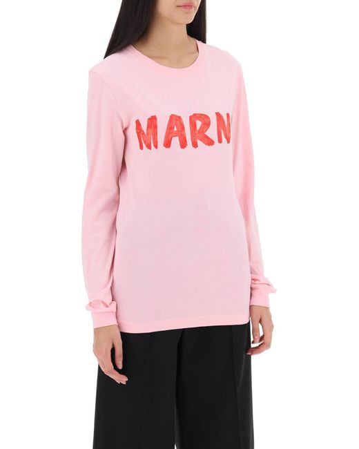 Marni Pink Brushed Logo Long Sleeved T Shirt