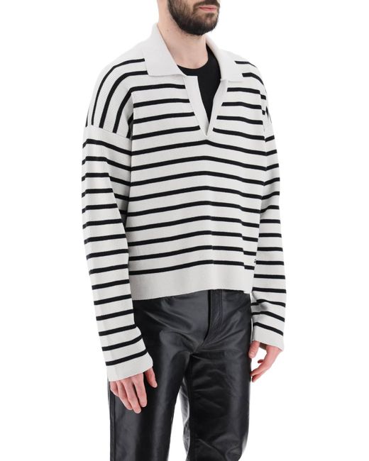 AMI White Striped V-Neck Magic Pullover Sweater
