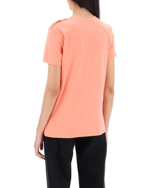 Balmain Pink T-shirt With Flocked Print And Gold-tone Buttons