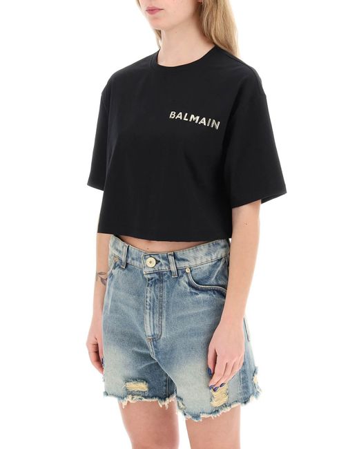 Balmain Black Cropped T-shirt With Metallic Logo