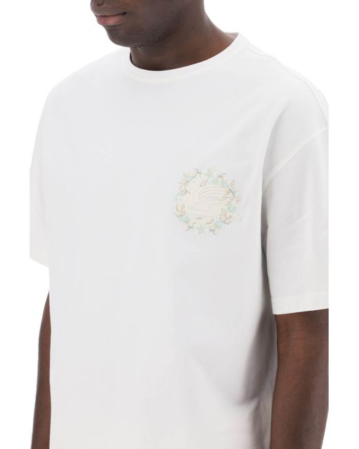 Etro White Floral Pegasus Embroidered T-Shirt for men