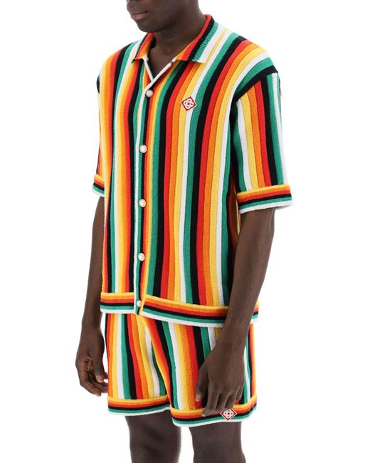 Casablancabrand Orange Striped Knit Bowling Shirt With Nine Words for men