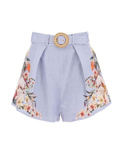 Zimmermann Blue Lexi Tuck Linen Shorts With Floral Motif