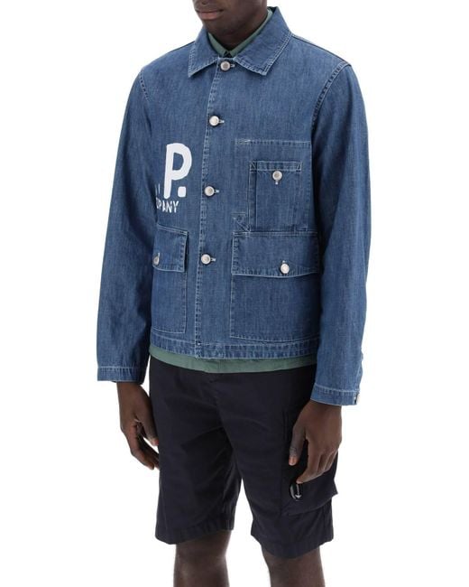 C P Company Blue "Utility Overshirt With Logo for men