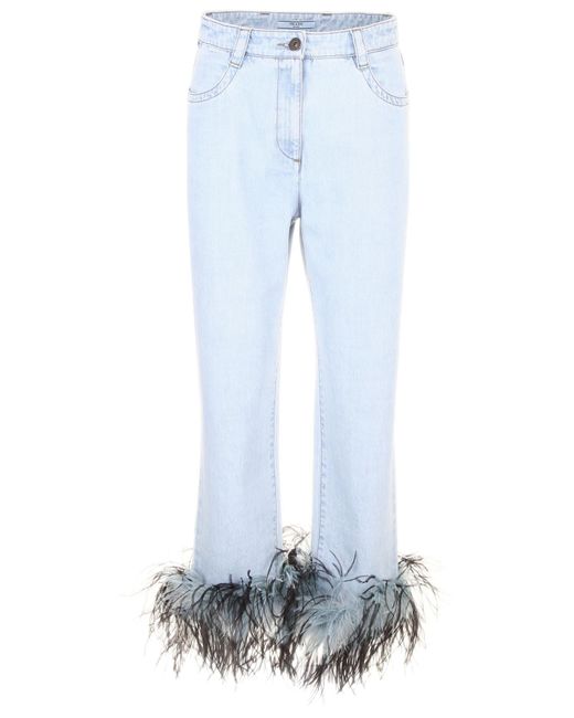 Prada Blue Ostrich Feather Trim Denim Jeans