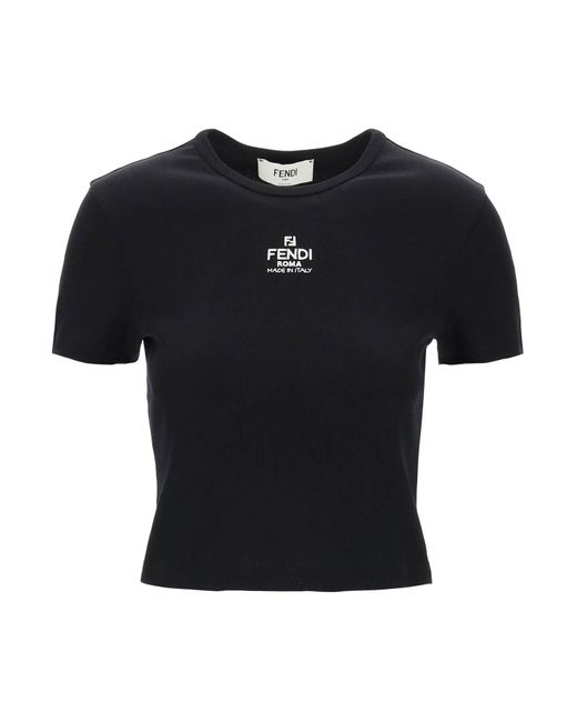 Fendi Black Cropped T-shirt With Logo Embroidery