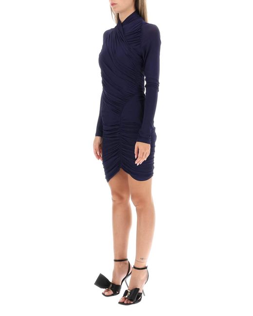 Ferragamo Blue Long-sleeved Draped Mini Dress
