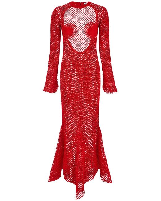 Ferragamo Red Maxi Dress In Fishnet Knit