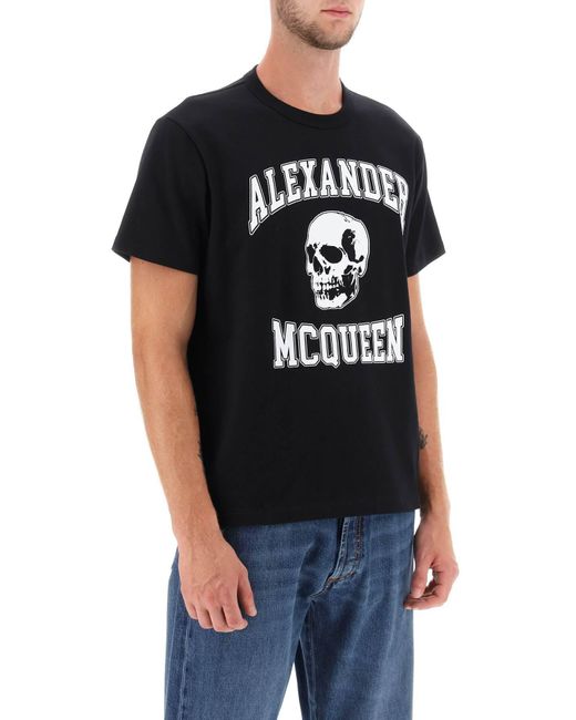 T-shirt con stampa teschio e logo varsity di Alexander McQueen in Black da Uomo