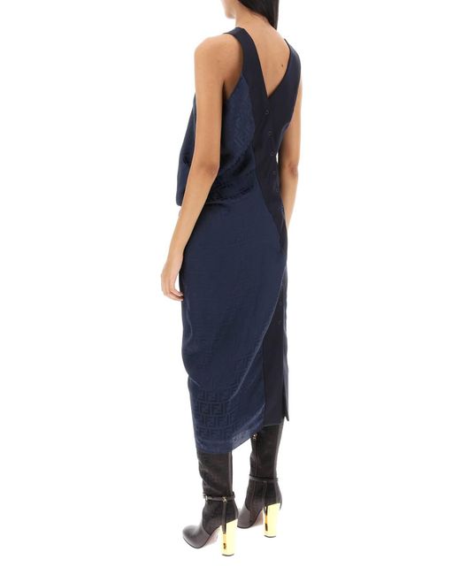 Fendi Blue Draped Ff Silk Midi Dress