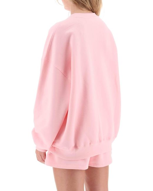 ROTATE BIRGER CHRISTENSEN Pink Crew Neck Sweatshirt With Rhinestone Studded Maxi Logo
