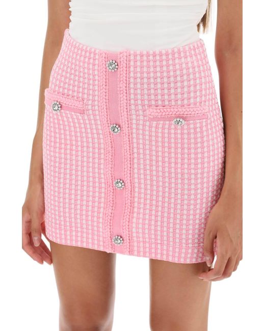 Self-Portrait Pink Lurex Knitted Mini Skirt With Diamanté Buttons