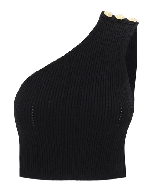 Balmain Black One-Shoulder Crop Top With Emb