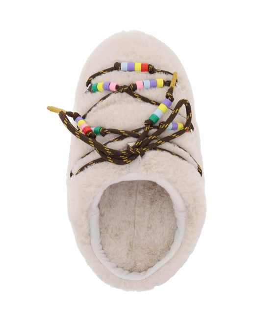 Moon Boot White Faux Fur Mules With Beads