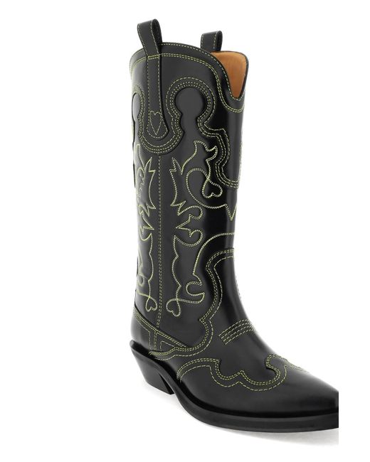 Ganni Black Embroidered Western Boots
