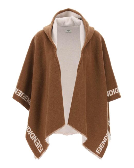 Fendi Brown Hooded Wool Poncho