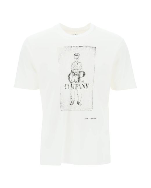 C P Company White Printed T-Shirt With for men