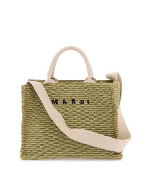 Marni Green Raffia-Effect Canvas Small Tote Bag for men