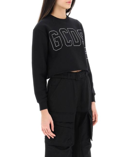 Gcds Black Cropped Sweatshirt With Rhinestone Logo