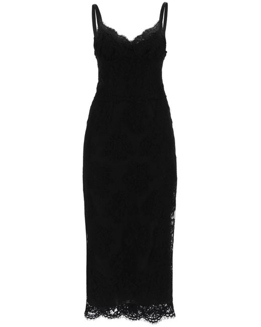 Dolce & Gabbana Black Midi Lace Dress With Slit