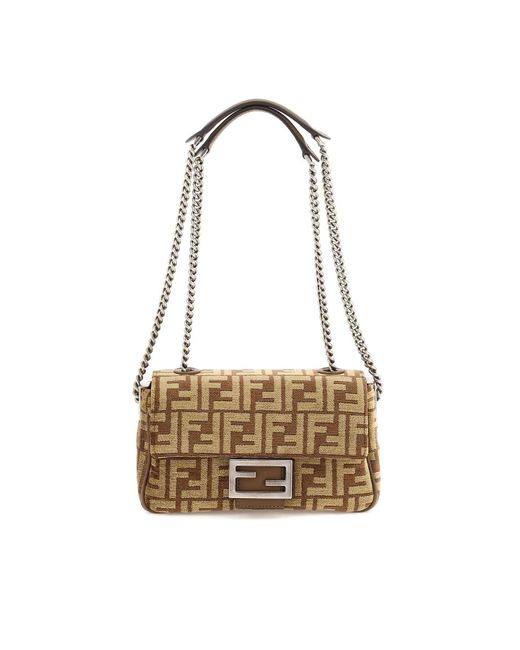 Fendi Leather Tapestry Fabric Baguette Chain Midi Bag in Brown (White ...