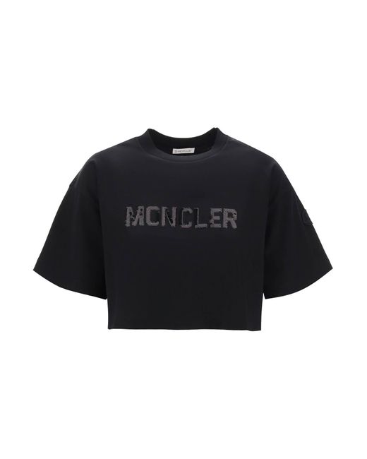 Moncler Black Cropped T Shirt With Sequin Logo