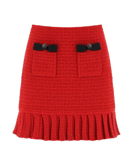 Self-Portrait Red Bouclé-texture Pleated Woven Mini Skirt