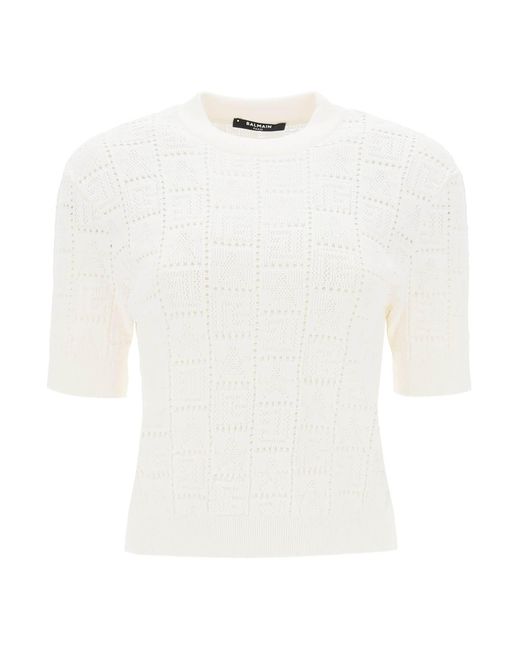 Balmain White Short-sleeved Top In Monogram Knit