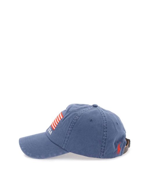 Cappello Baseball In Twill Con Bandiera Ricamata di Polo Ralph Lauren in Blue