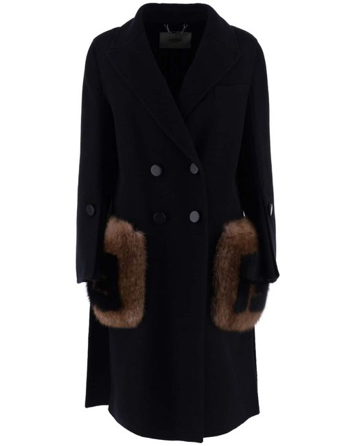 Fendi Black Double Breasted Wool Coat With Genuine Fox Fur Logo Pockets