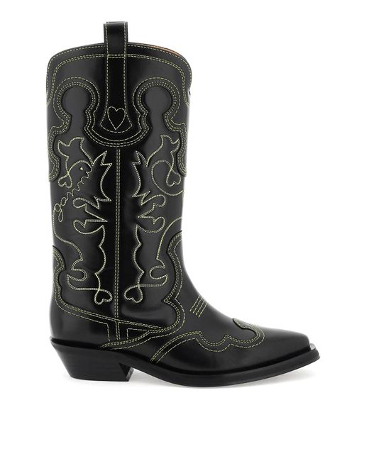 Ganni Black Embroidered Western Boots