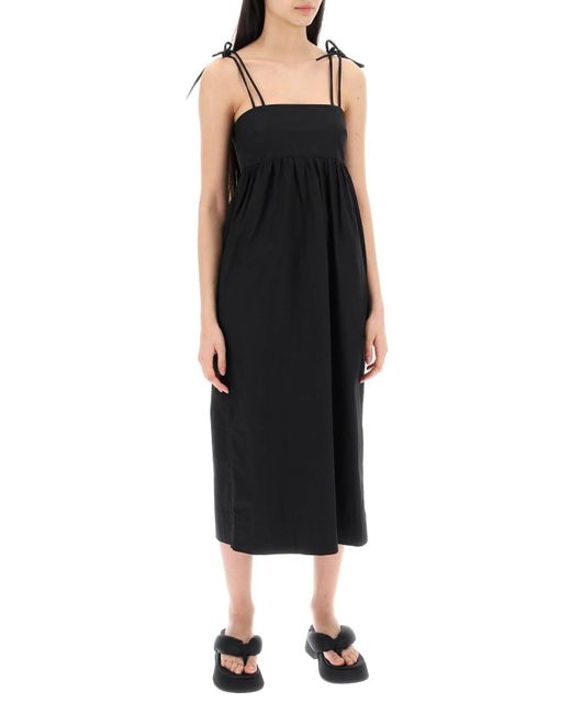 Ganni Black Cotton Poplin Midi Dress In