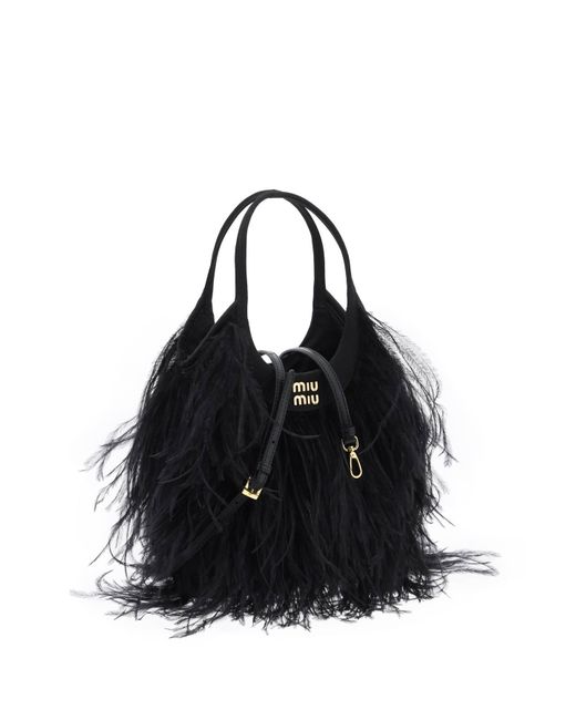 Miu Miu Black Satin Handbag With Feathers