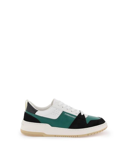 Ferragamo Green Smooth And Suede Leather Sneakers for men