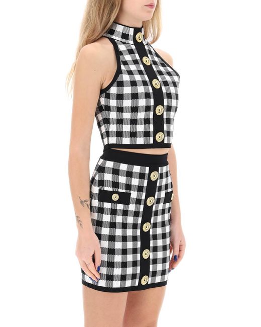 Balmain Multicolor Gingham Knit Cropped Top With Embossed Buttons