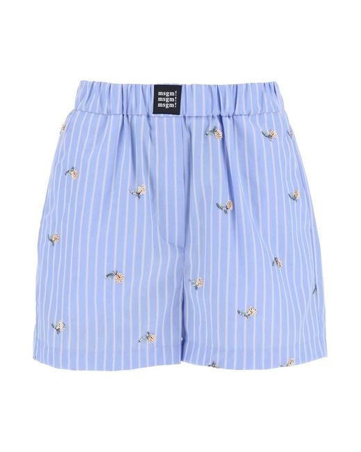 MSGM Blue Striped Poplin Shorts With Sequin Flowers